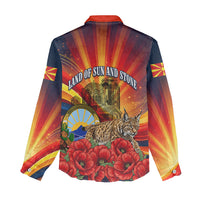 North Macedonia Independence Day Women Casual Shirt Balkan Lynx Red Poppy Flowers Church Flag