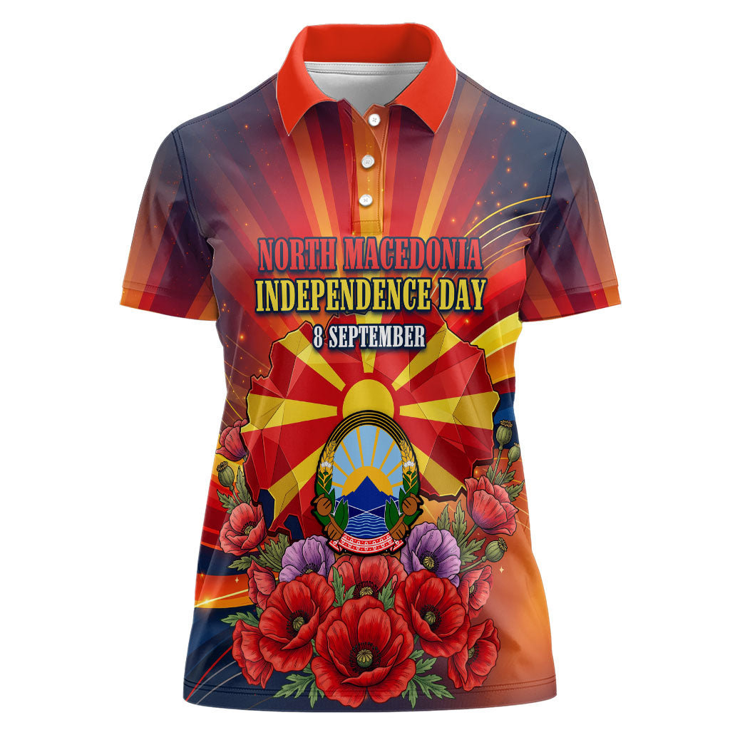 North Macedonia Independence Day Women Polo Shirt Balkan Lynx Red Poppy Flowers Church Flag