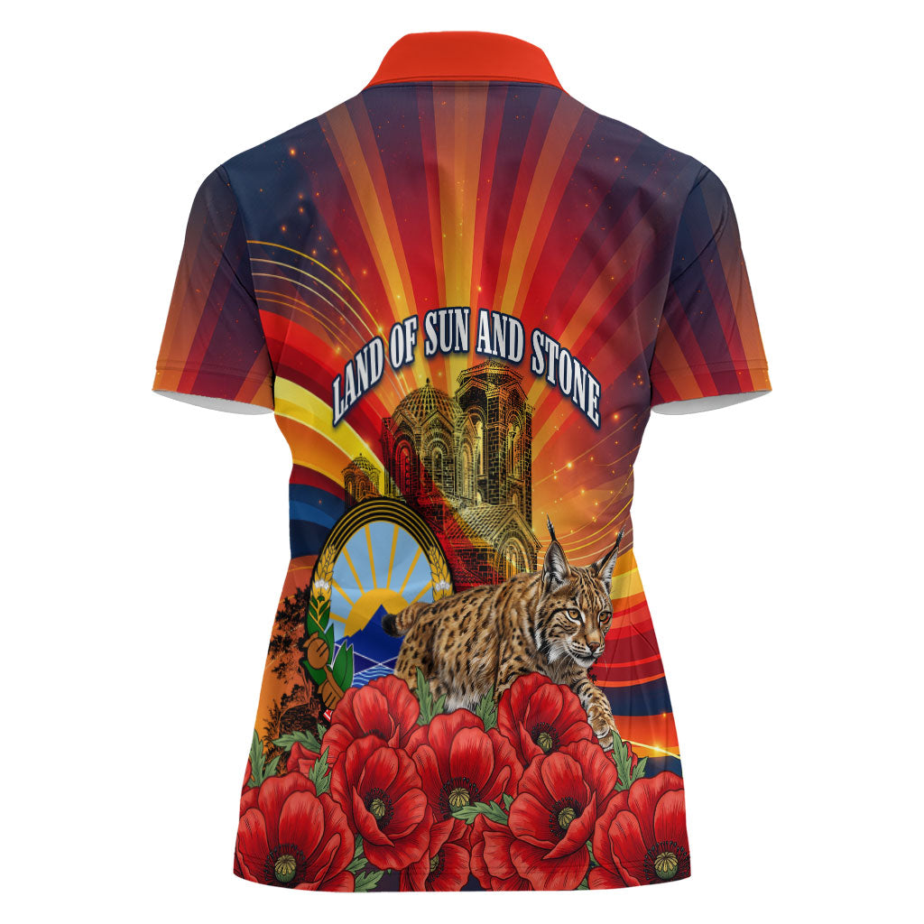 North Macedonia Independence Day Women Polo Shirt Balkan Lynx Red Poppy Flowers Church Flag