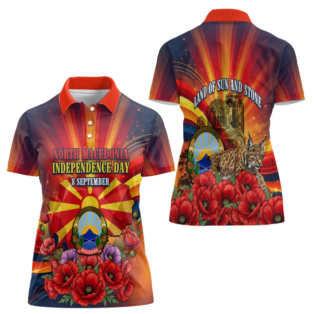 North Macedonia Independence Day Women Polo Shirt Balkan Lynx Red Poppy Flowers Church Flag