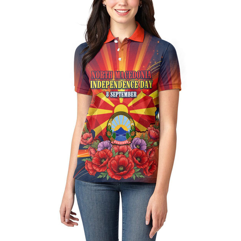 North Macedonia Independence Day Women Polo Shirt Balkan Lynx Red Poppy Flowers Church Flag
