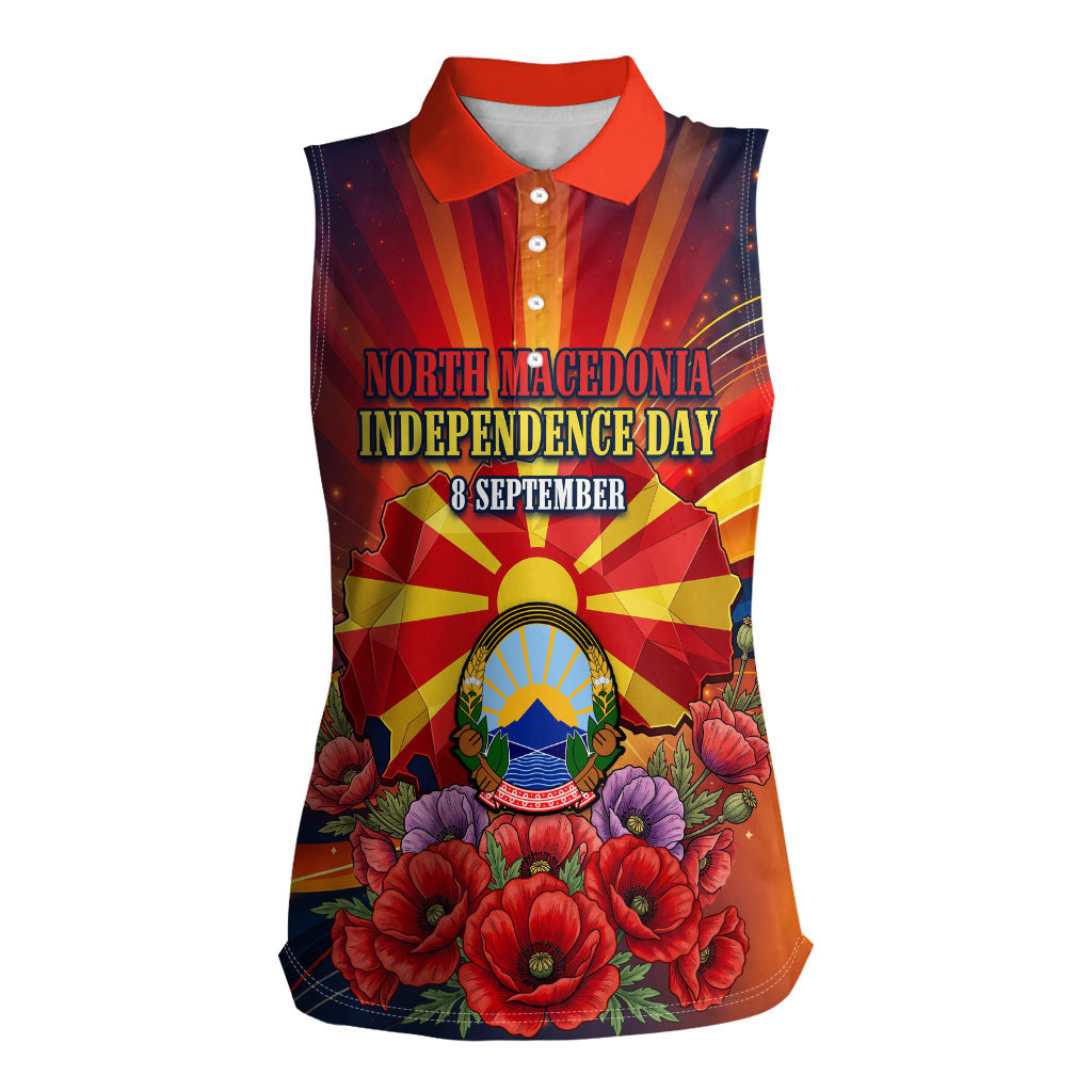 North Macedonia Independence Day Women Sleeveless Polo Shirt Balkan Lynx Red Poppy Flowers Church Flag