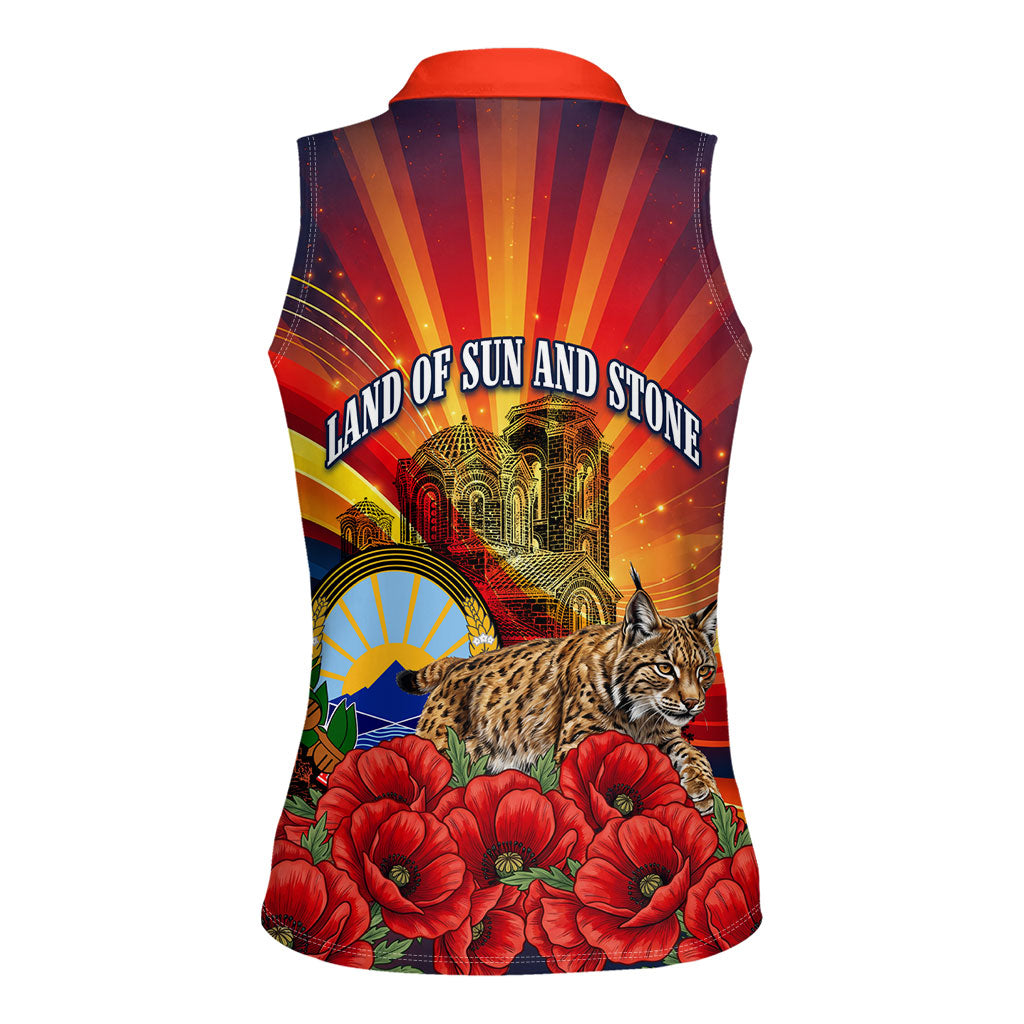 North Macedonia Independence Day Women Sleeveless Polo Shirt Balkan Lynx Red Poppy Flowers Church Flag