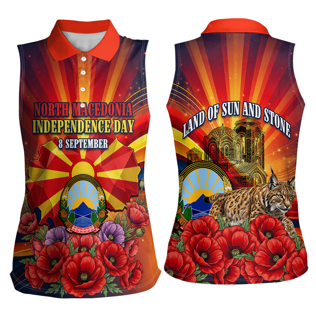 North Macedonia Independence Day Women Sleeveless Polo Shirt Balkan Lynx Red Poppy Flowers Church Flag