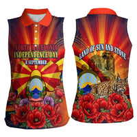 North Macedonia Independence Day Women Sleeveless Polo Shirt Balkan Lynx Red Poppy Flowers Church Flag