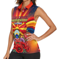 North Macedonia Independence Day Women Sleeveless Polo Shirt Balkan Lynx Red Poppy Flowers Church Flag
