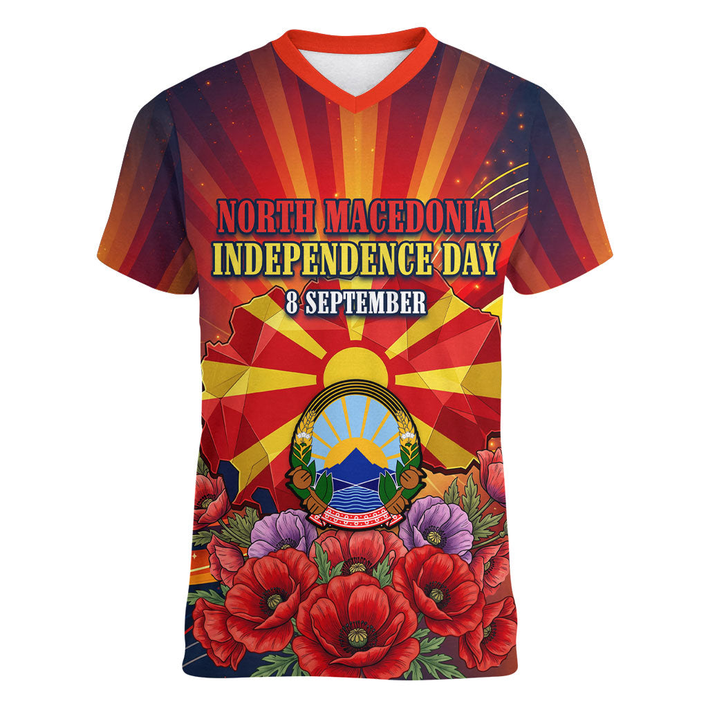 North Macedonia Independence Day Women V-Neck T-Shirt Balkan Lynx Red Poppy Flowers Church Flag