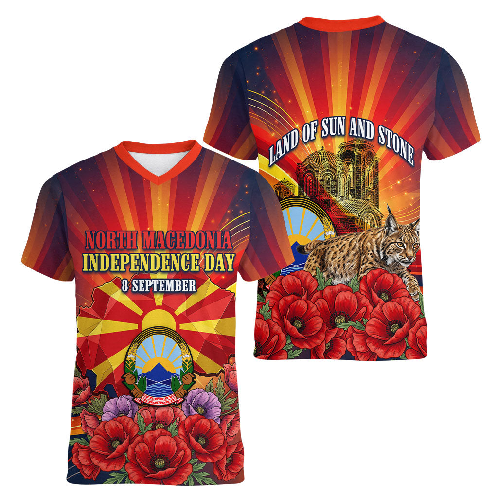 North Macedonia Independence Day Women V-Neck T-Shirt Balkan Lynx Red Poppy Flowers Church Flag