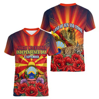 North Macedonia Independence Day Women V-Neck T-Shirt Balkan Lynx Red Poppy Flowers Church Flag