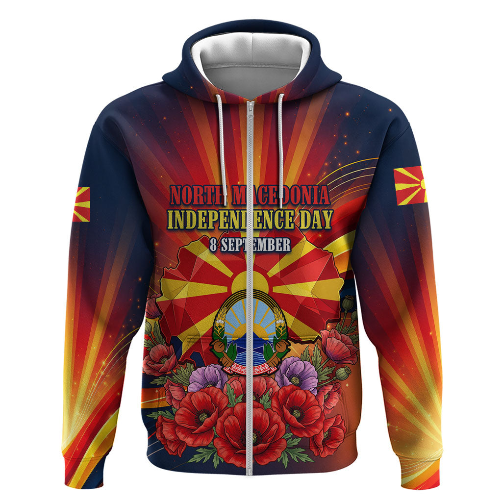 North Macedonia Independence Day Zip Hoodie Balkan Lynx Red Poppy Flowers Church Flag