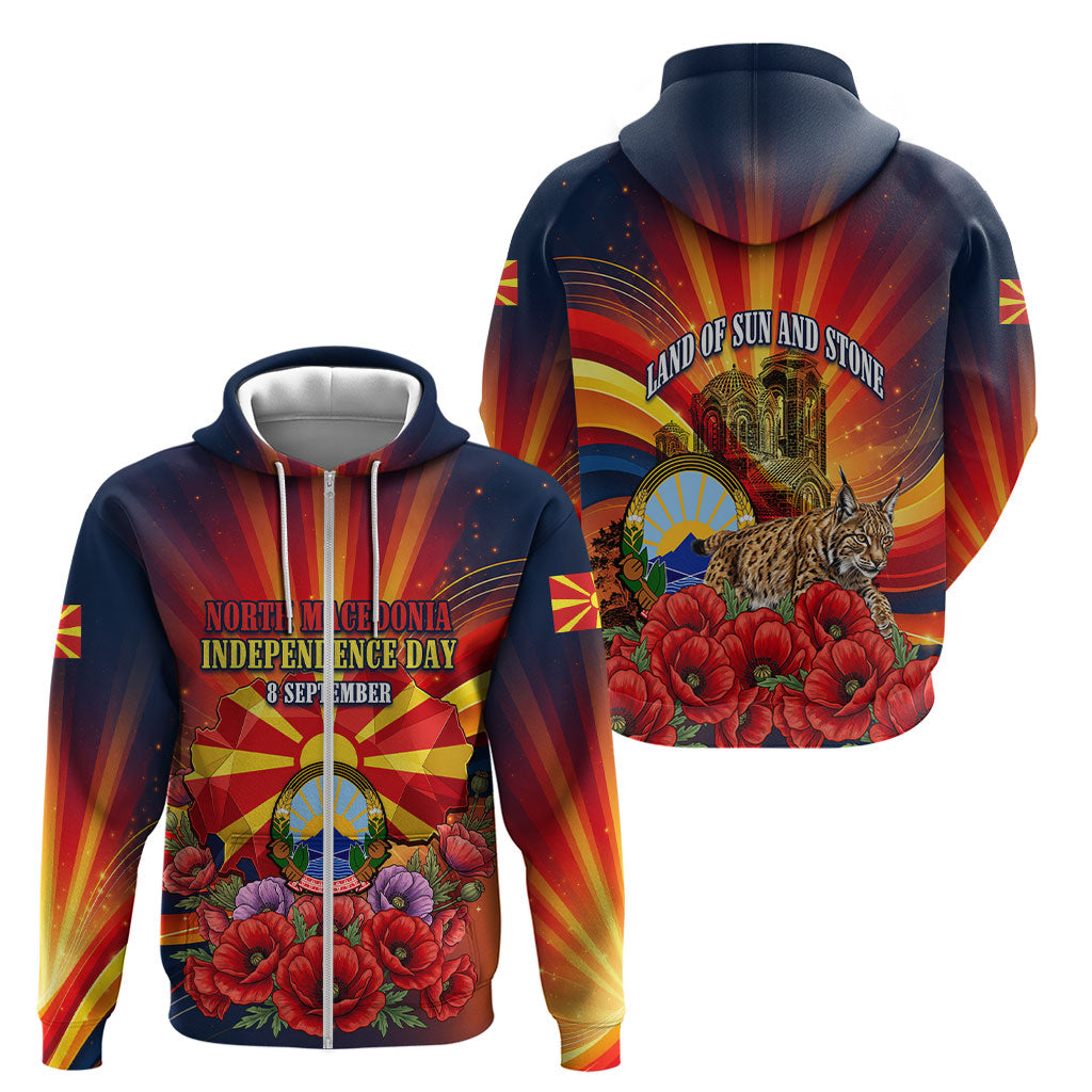 North Macedonia Independence Day Zip Hoodie Balkan Lynx Red Poppy Flowers Church Flag