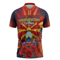 North Macedonia Independence Day Zipper Polo Shirt Balkan Lynx Red Poppy Flowers Church Flag
