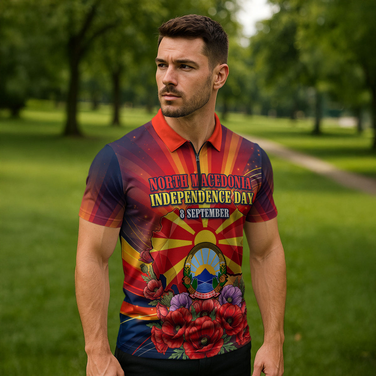 North Macedonia Independence Day Zipper Polo Shirt Balkan Lynx Red Poppy Flowers Church Flag