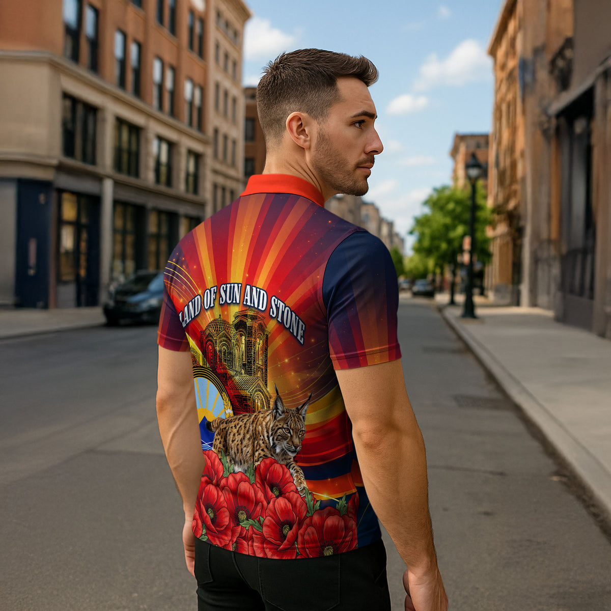 North Macedonia Independence Day Zipper Polo Shirt Balkan Lynx Red Poppy Flowers Church Flag