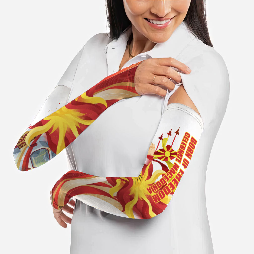 North Macedonia Independence Day Arm Sleeves Ilinden Monument Raised Fist Jets Flag