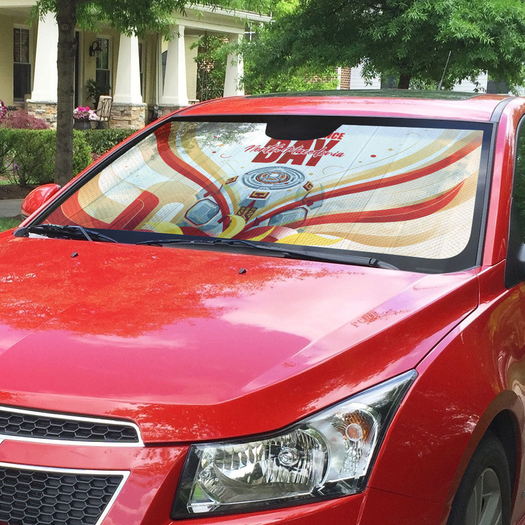 North Macedonia Independence Day Auto Sun Shade Ilinden Monument Raised Fist Jets Flag