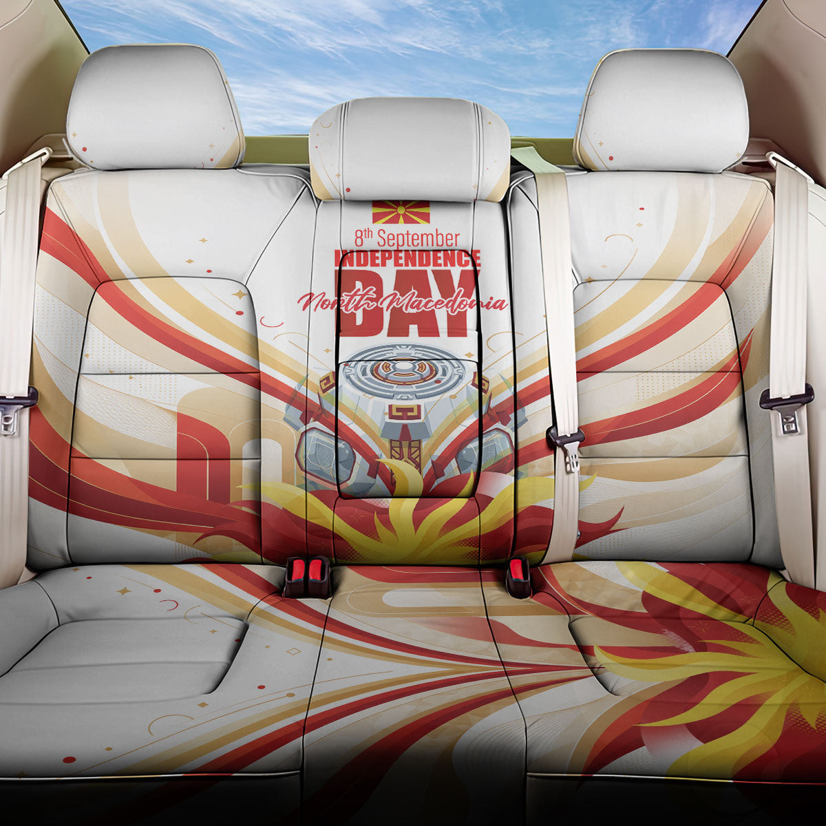 North Macedonia Independence Day Back Car Seat Cover Ilinden Monument Raised Fist Jets Flag