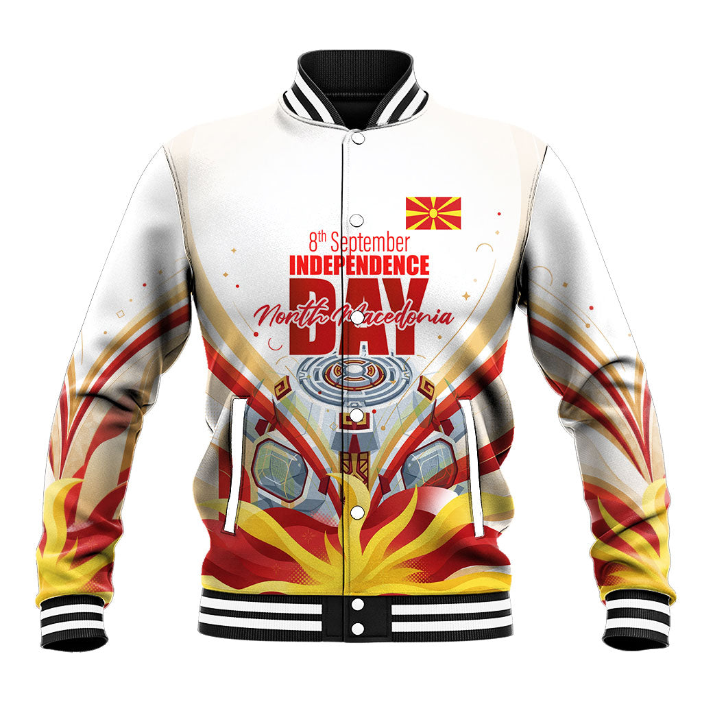 North Macedonia Independence Day Baseball Jacket Ilinden Monument Raised Fist Jets Flag