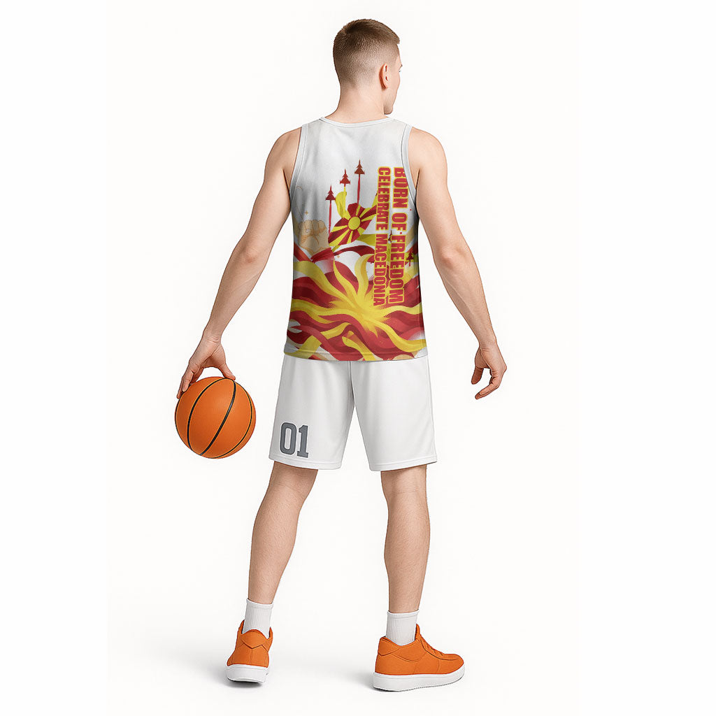 North Macedonia Independence Day Basketball Jersey Ilinden Monument Raised Fist Jets Flag