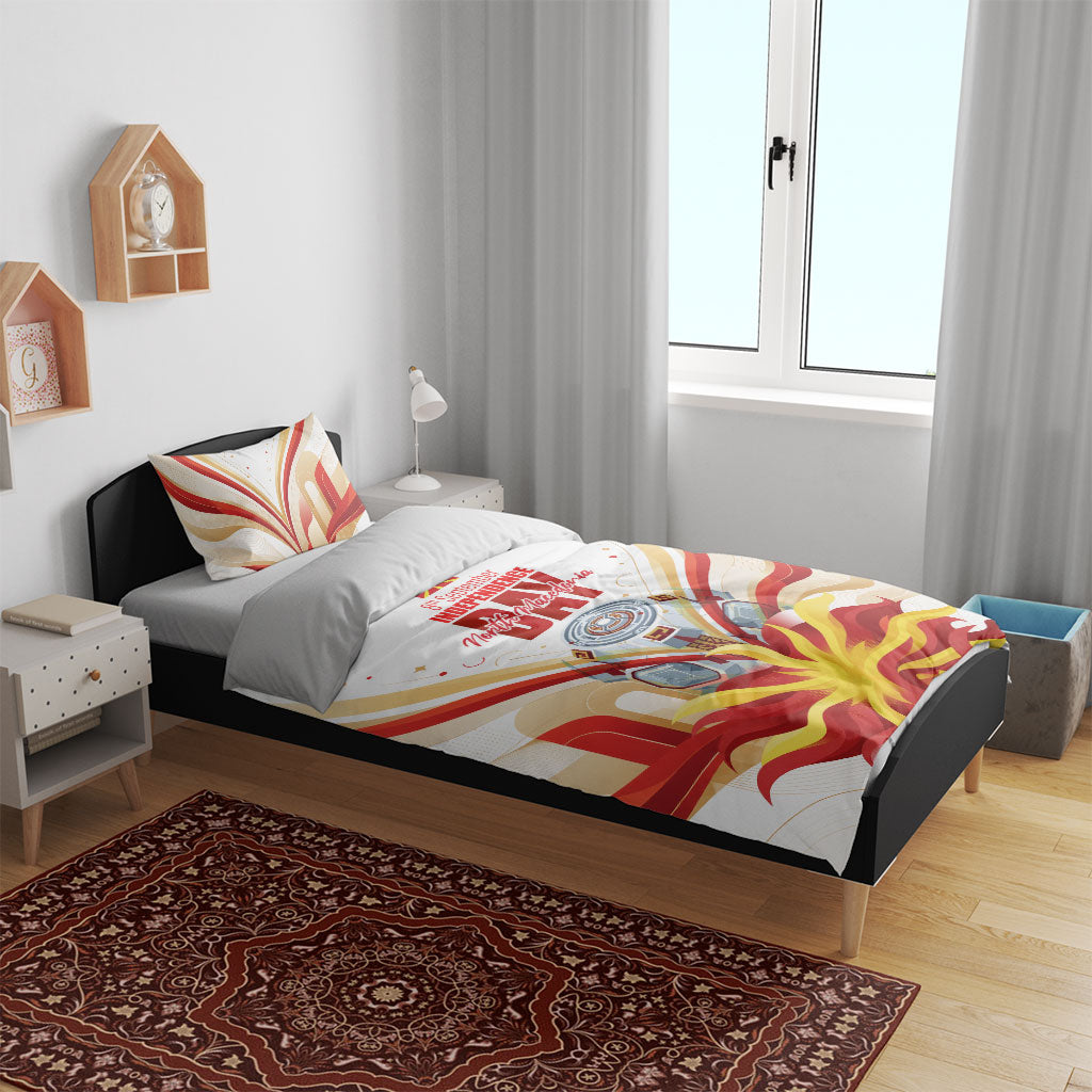 North Macedonia Independence Day Bedding Set Ilinden Monument Raised Fist Jets Flag