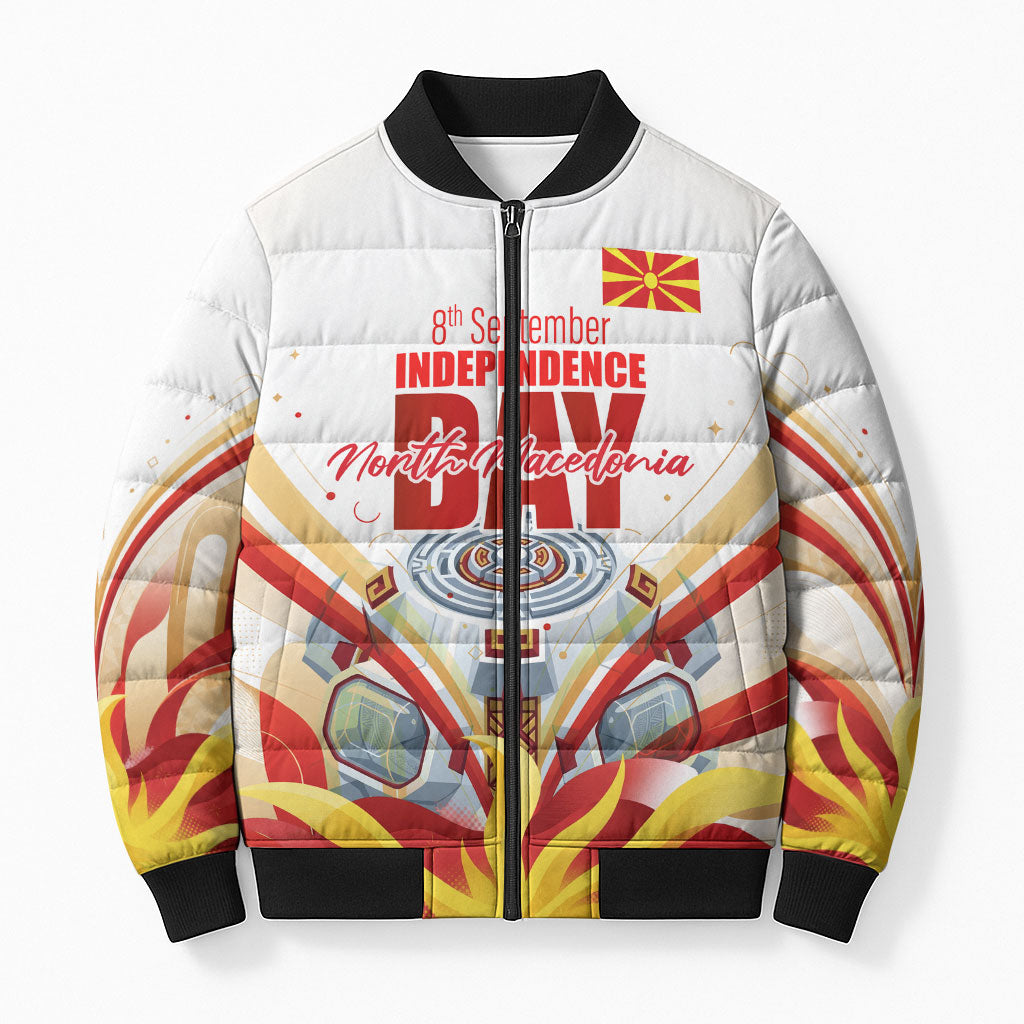 North Macedonia Independence Day Bomber Puffer Jacket Ilinden Monument Raised Fist Jets Flag