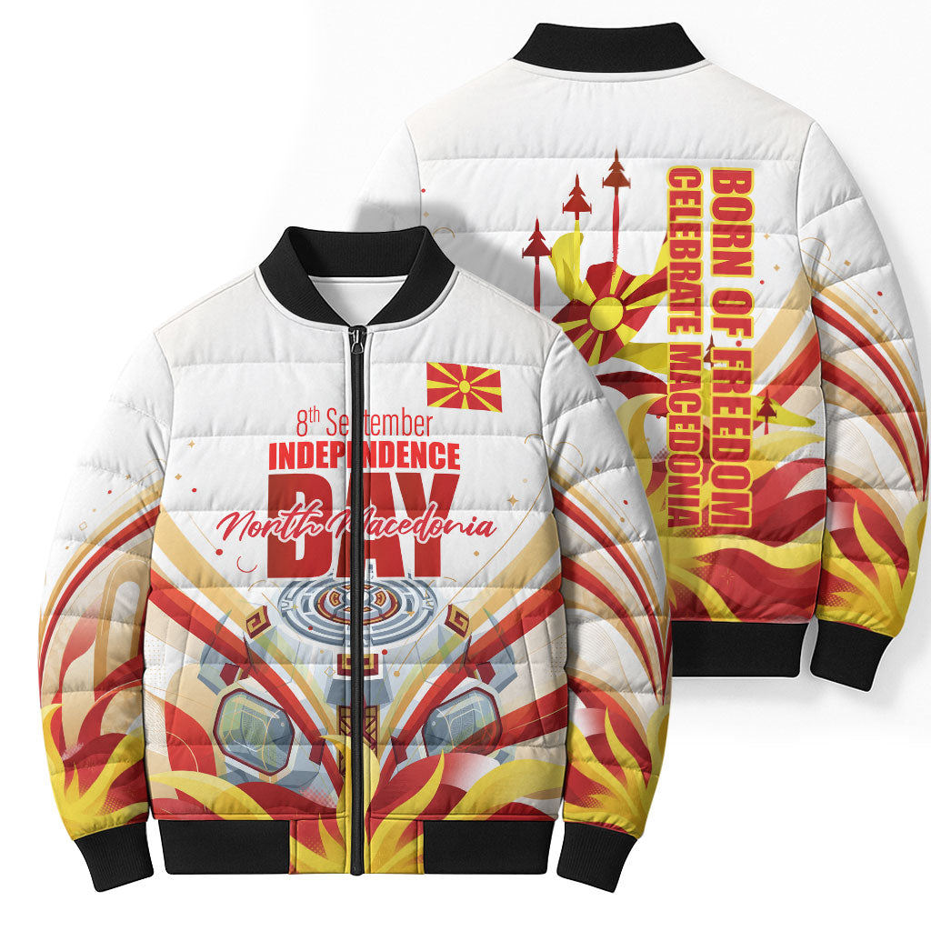 North Macedonia Independence Day Bomber Puffer Jacket Ilinden Monument Raised Fist Jets Flag