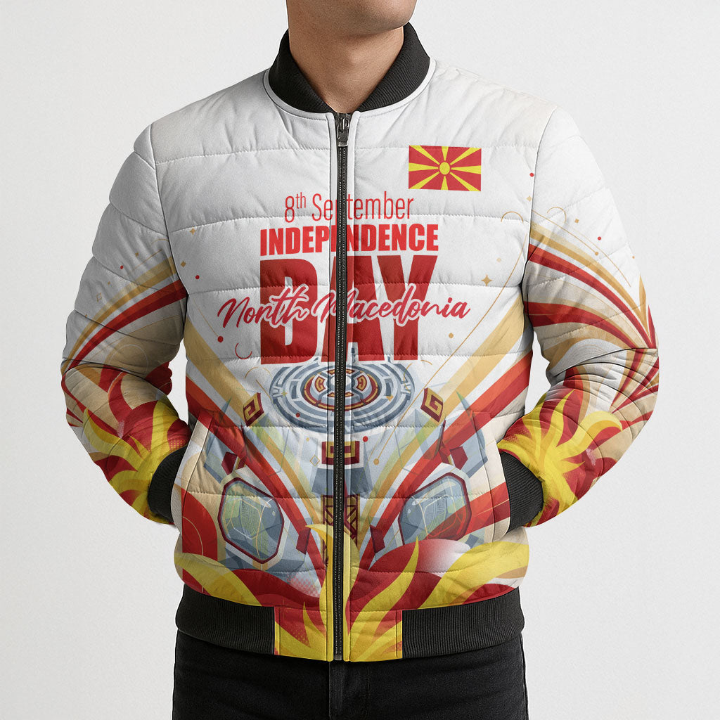 North Macedonia Independence Day Bomber Puffer Jacket Ilinden Monument Raised Fist Jets Flag
