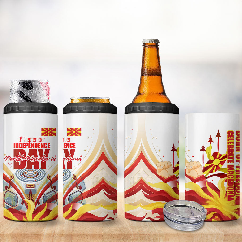 North Macedonia Independence Day 4 in 1 Can Cooler Tumbler Ilinden Monument Raised Fist Jets Flag