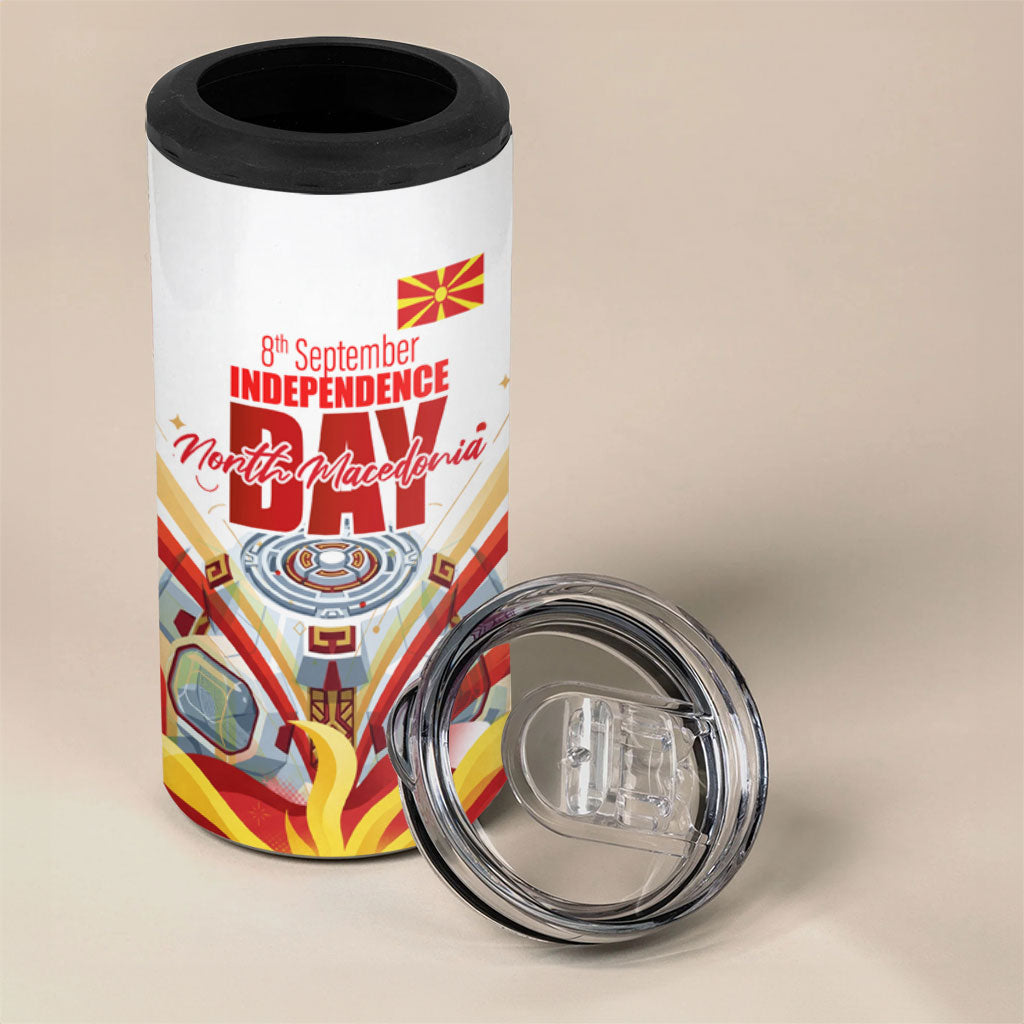 North Macedonia Independence Day 4 in 1 Can Cooler Tumbler Ilinden Monument Raised Fist Jets Flag