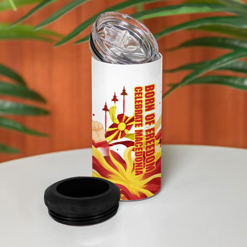 North Macedonia Independence Day 4 in 1 Can Cooler Tumbler Ilinden Monument Raised Fist Jets Flag
