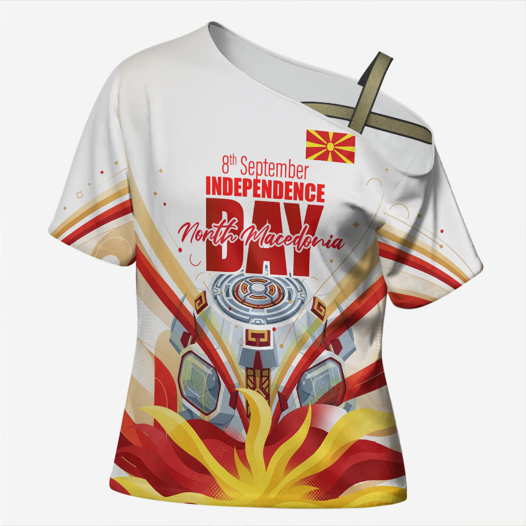 North Macedonia Independence Day Cross Shoulder Shirt Ilinden Monument Raised Fist Jets Flag