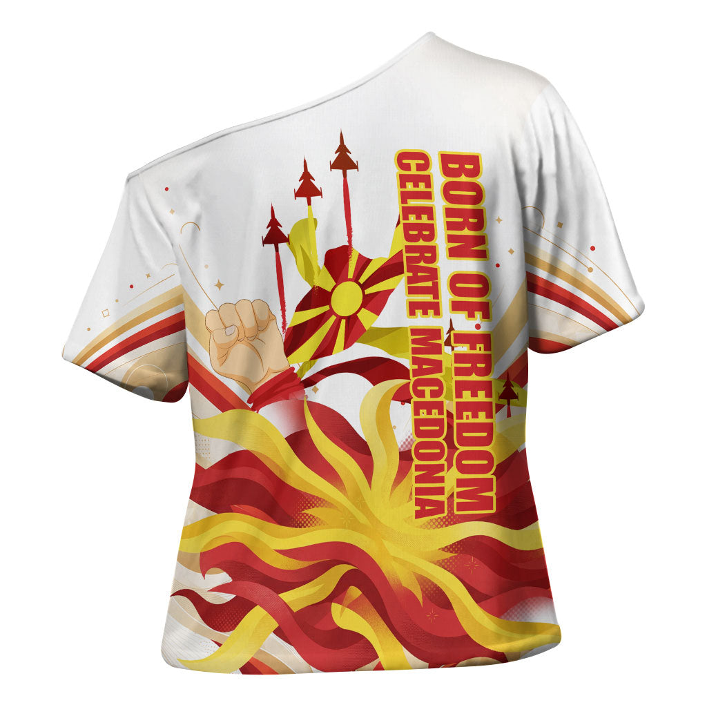 North Macedonia Independence Day Cross Shoulder Shirt Ilinden Monument Raised Fist Jets Flag