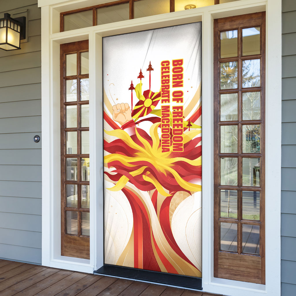 North Macedonia Independence Day Door Cover Ilinden Monument Raised Fist Jets Flag