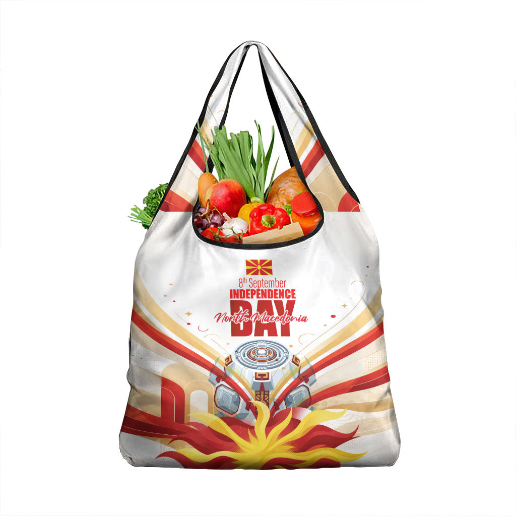 North Macedonia Independence Day Grocery Bag Ilinden Monument Raised Fist Jets Flag