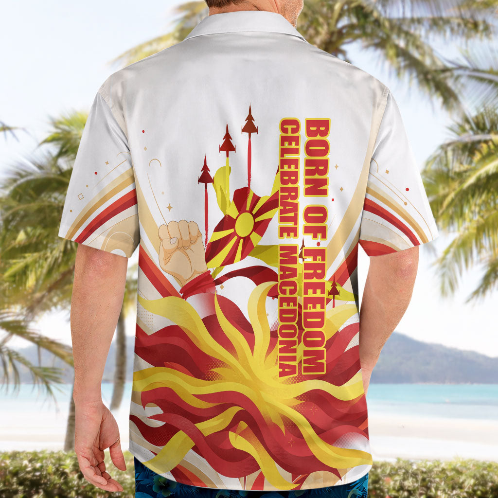 North Macedonia Independence Day Hawaiian Shirt Ilinden Monument Raised Fist Jets Flag