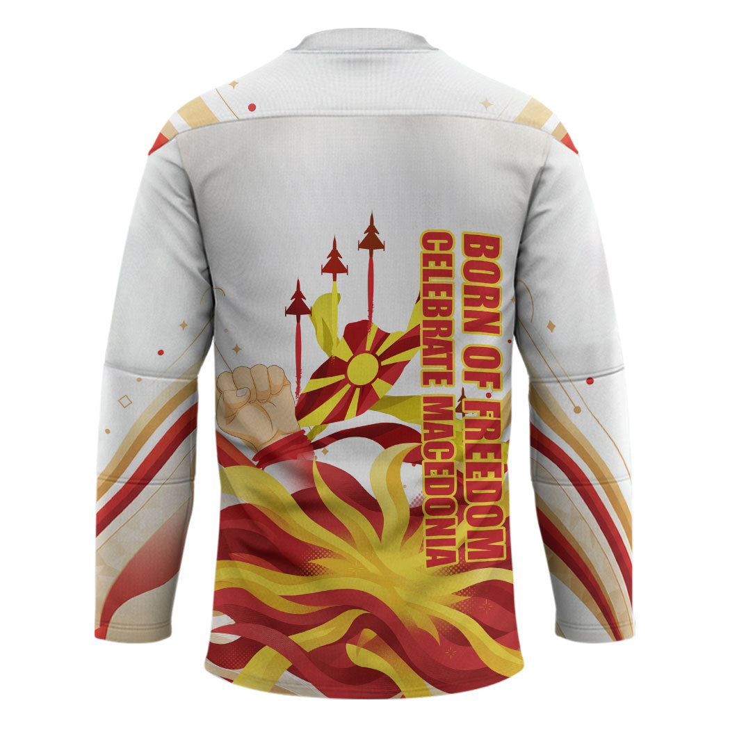 North Macedonia Independence Day Hockey Jersey Ilinden Monument Raised Fist Jets Flag