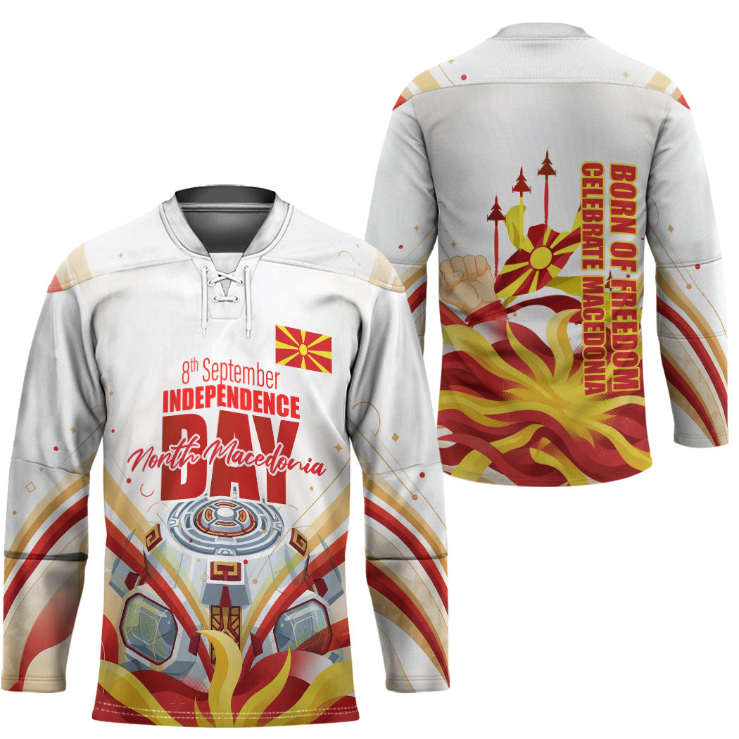 North Macedonia Independence Day Hockey Jersey Ilinden Monument Raised Fist Jets Flag