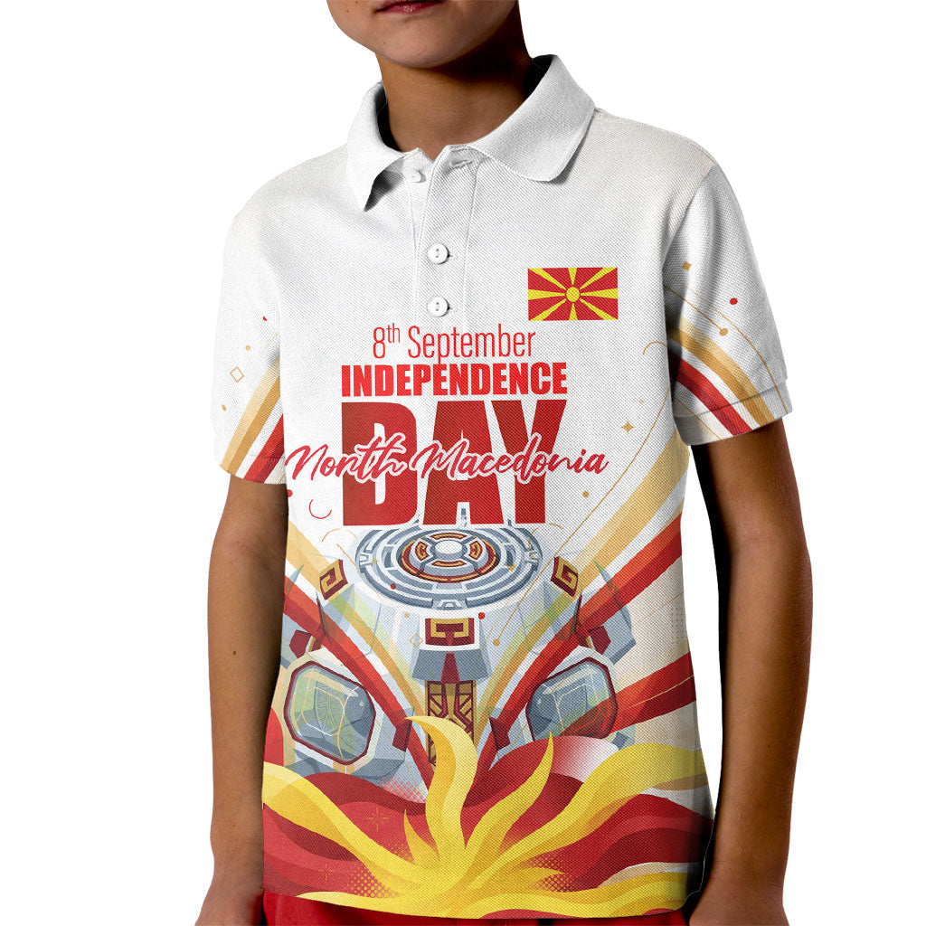 North Macedonia Independence Day Kid Polo Shirt Ilinden Monument Raised Fist Jets Flag
