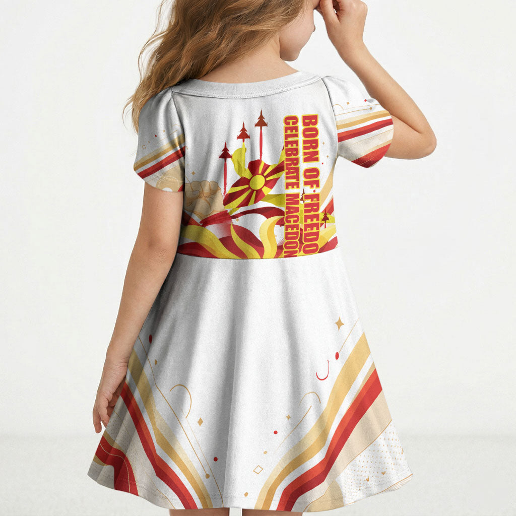 North Macedonia Independence Day Kid Short Sleeve Dress Ilinden Monument Raised Fist Jets Flag