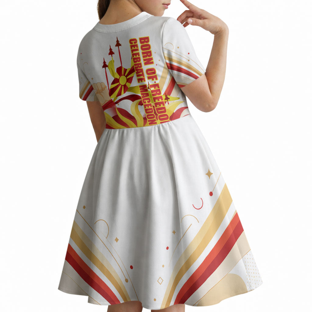 North Macedonia Independence Day Kid Short Sleeve Dress Ilinden Monument Raised Fist Jets Flag