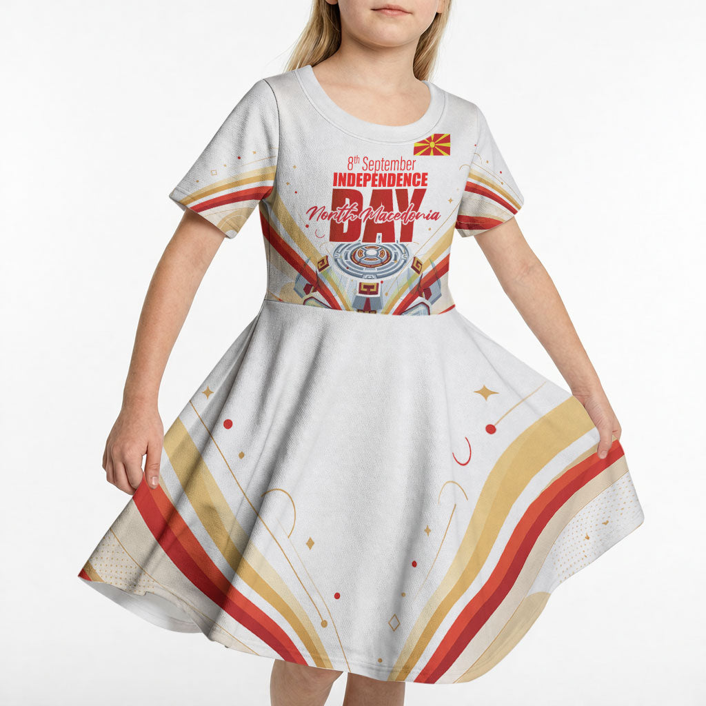 North Macedonia Independence Day Kid Short Sleeve Dress Ilinden Monument Raised Fist Jets Flag