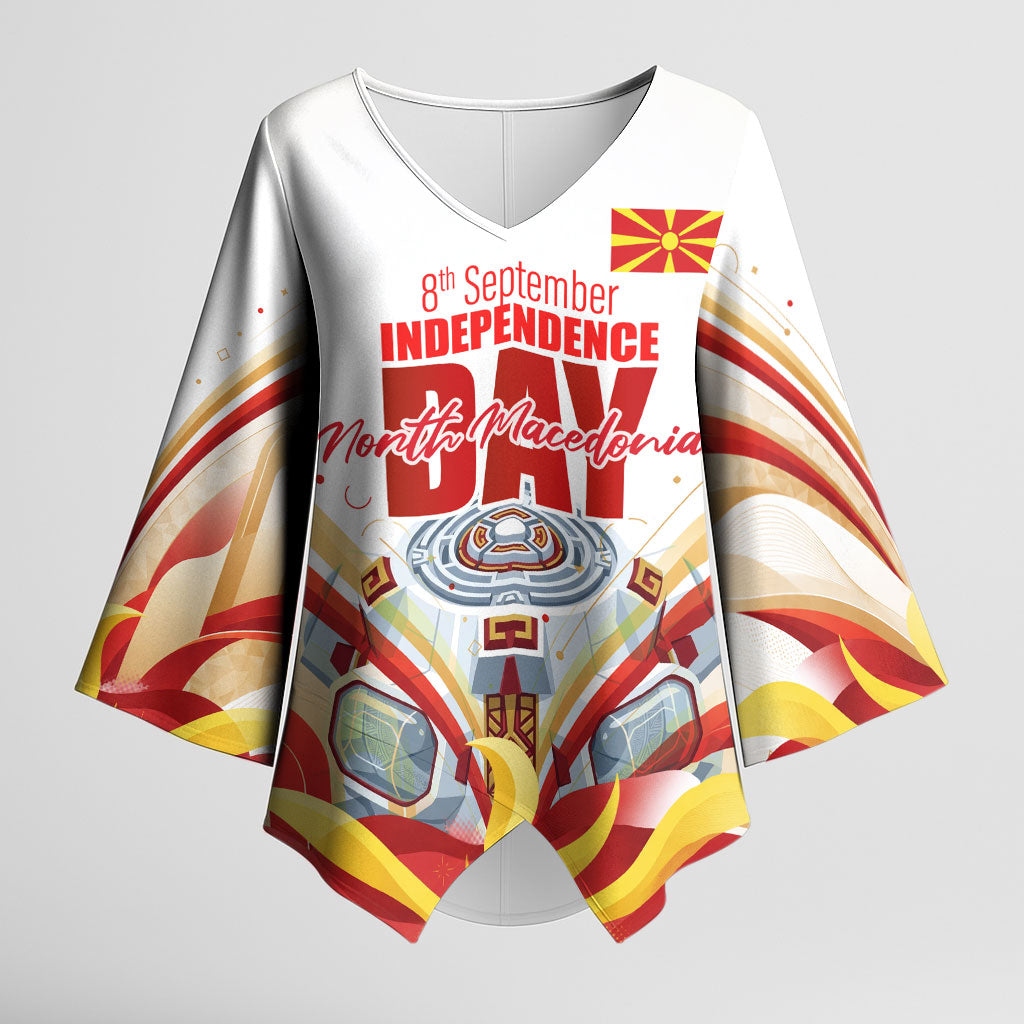 North Macedonia Independence Day Kimono Sleeve Blouse Ilinden Monument Raised Fist Jets Flag