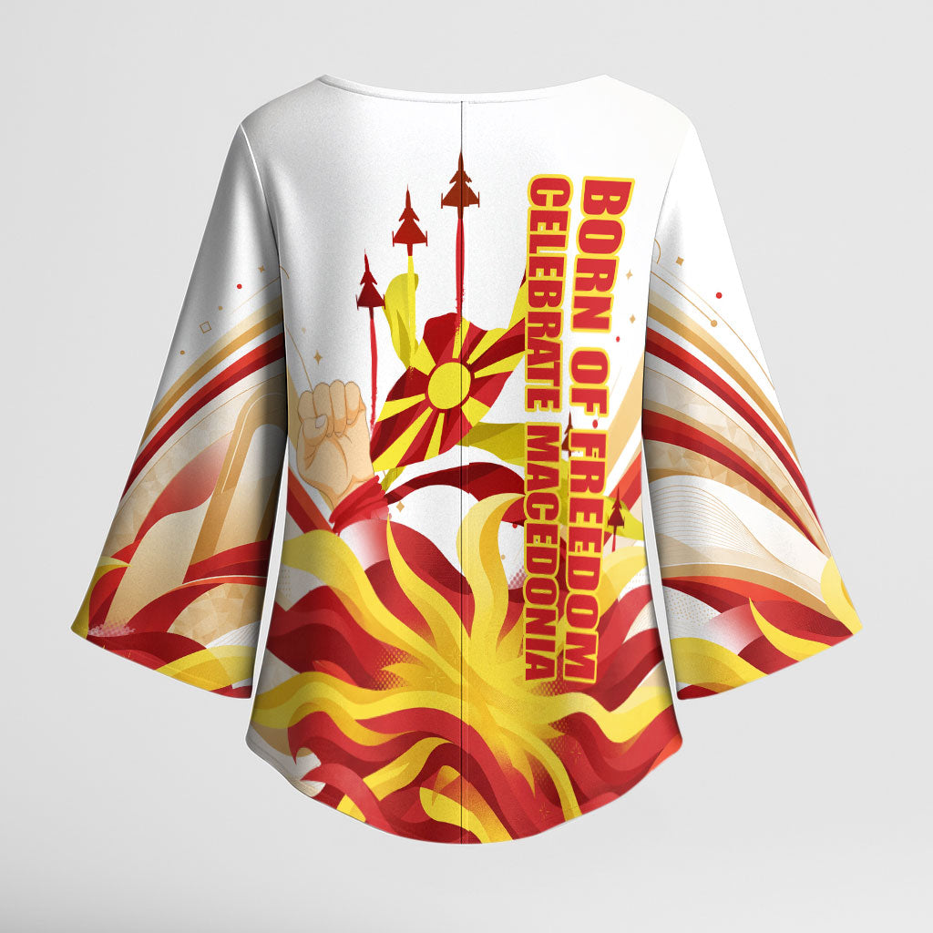 North Macedonia Independence Day Kimono Sleeve Blouse Ilinden Monument Raised Fist Jets Flag