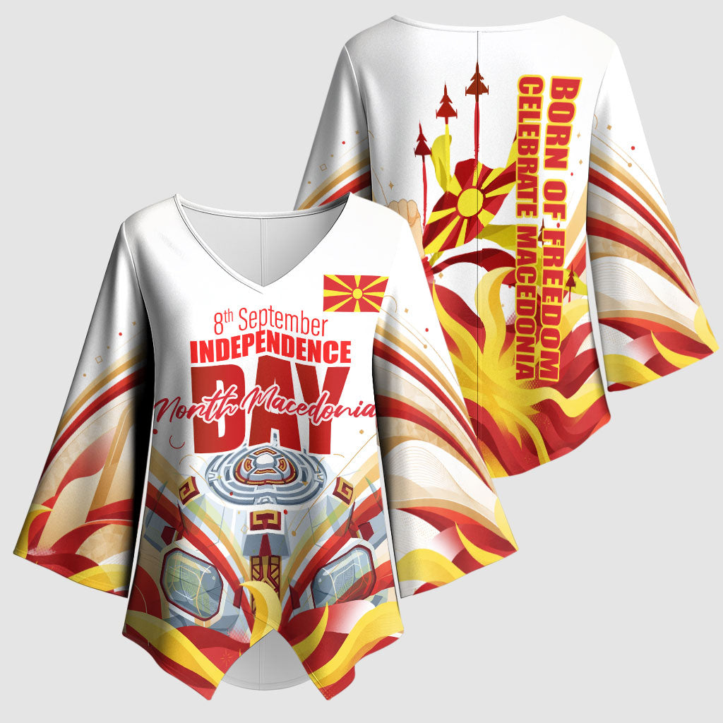North Macedonia Independence Day Kimono Sleeve Blouse Ilinden Monument Raised Fist Jets Flag