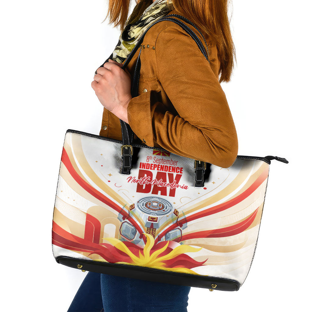North Macedonia Independence Day Leather Tote Bag Ilinden Monument Raised Fist Jets Flag