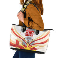 North Macedonia Independence Day Leather Tote Bag Ilinden Monument Raised Fist Jets Flag