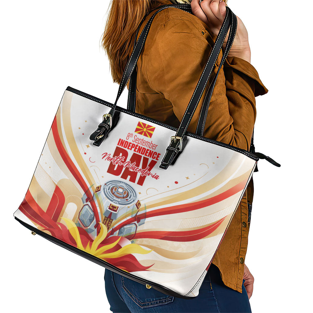 North Macedonia Independence Day Leather Tote Bag Ilinden Monument Raised Fist Jets Flag
