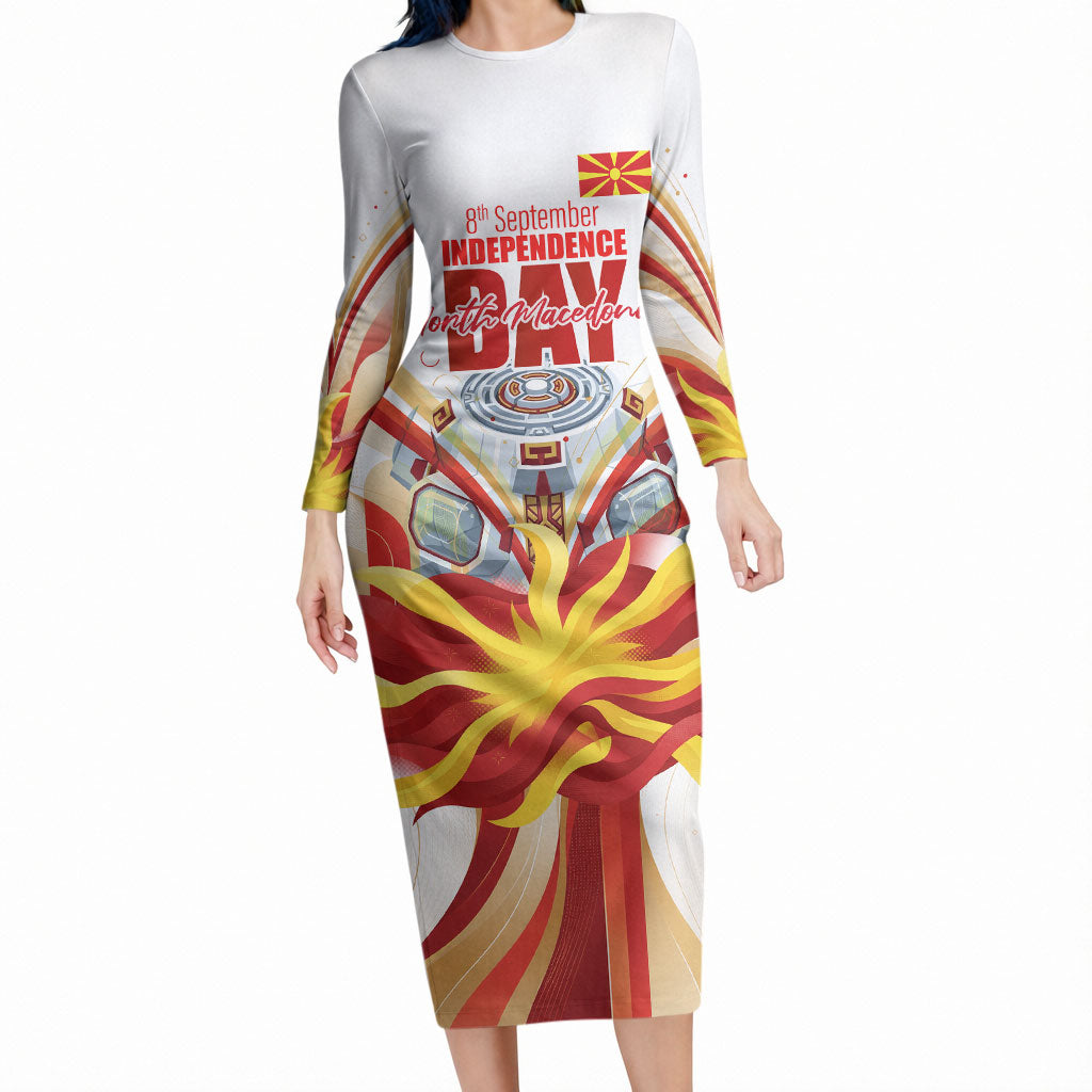 North Macedonia Independence Day Long Sleeve Bodycon Dress Ilinden Monument Raised Fist Jets Flag