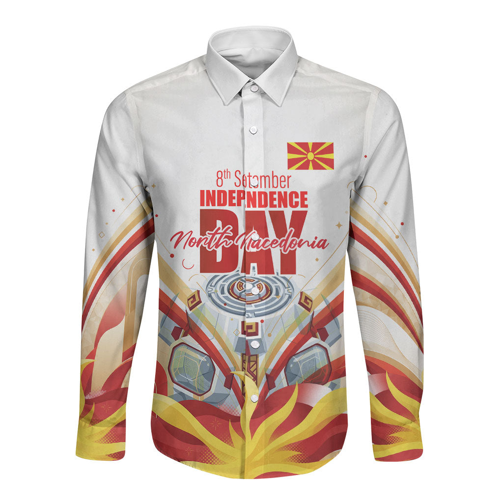 North Macedonia Independence Day Long Sleeve Button Shirt Ilinden Monument Raised Fist Jets Flag