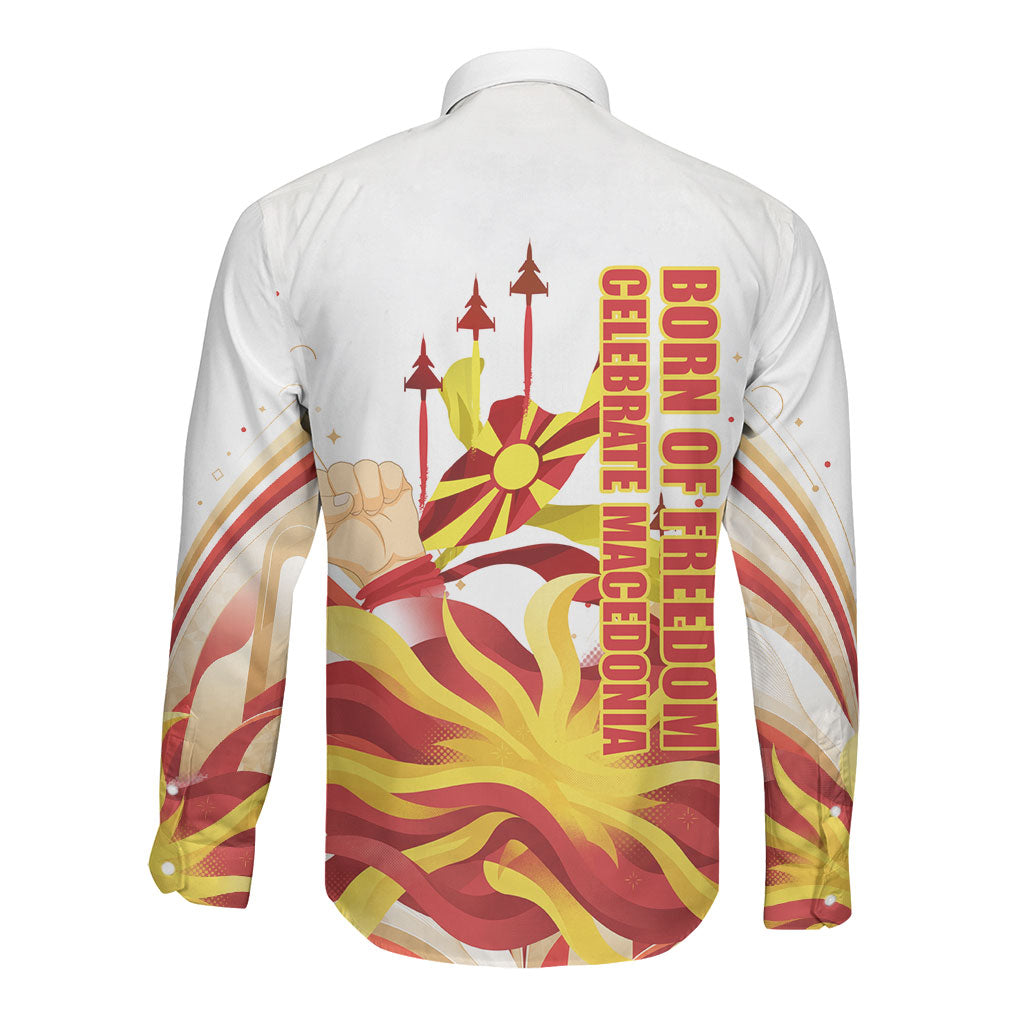 North Macedonia Independence Day Long Sleeve Button Shirt Ilinden Monument Raised Fist Jets Flag